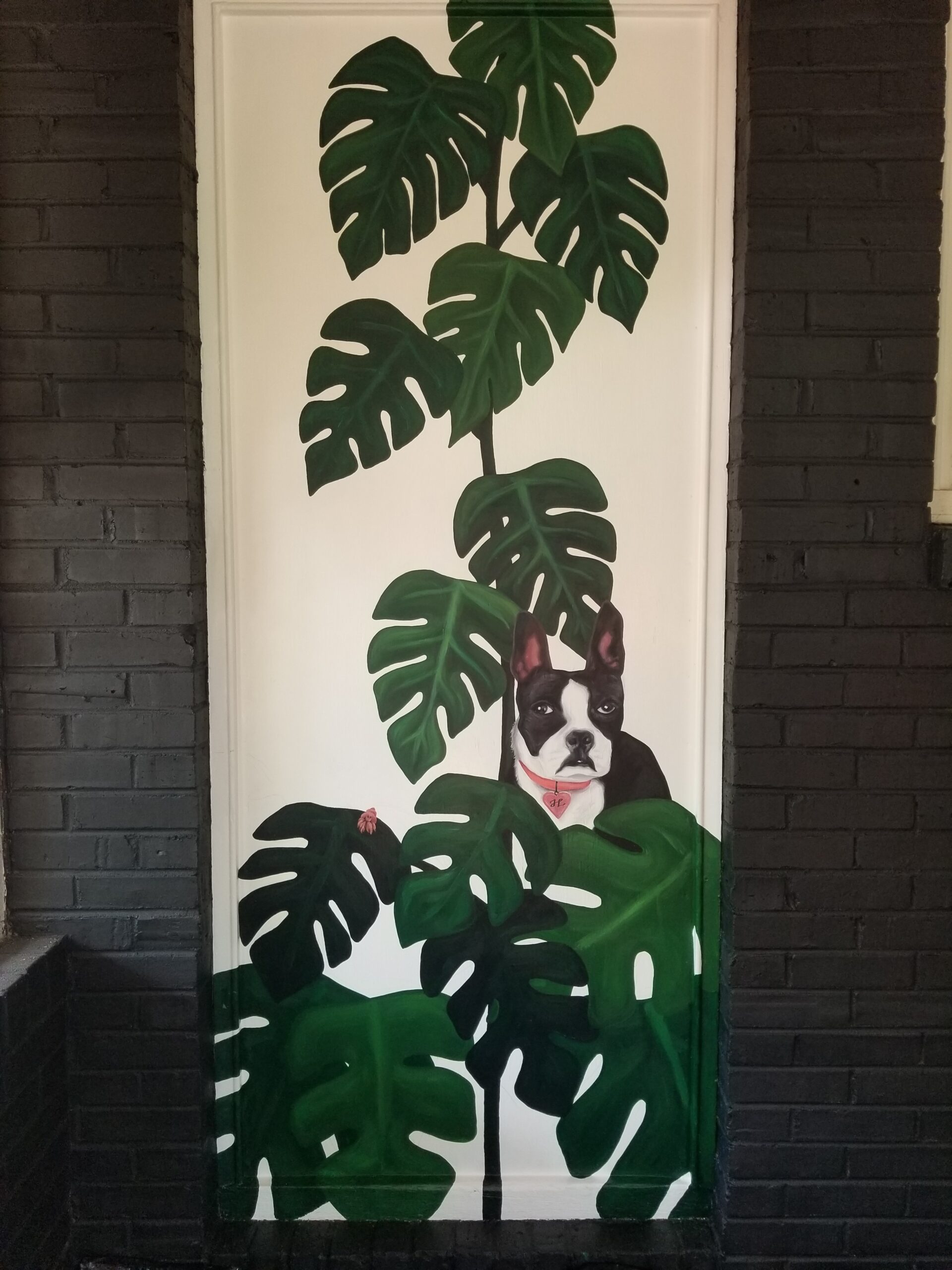 A white door surrounded by bricks painted black. The door is covered with a mural depicting a monstera plant with very large leaves, and hiding among a mass of those leaves at the bottom of the door is a black and white dog.