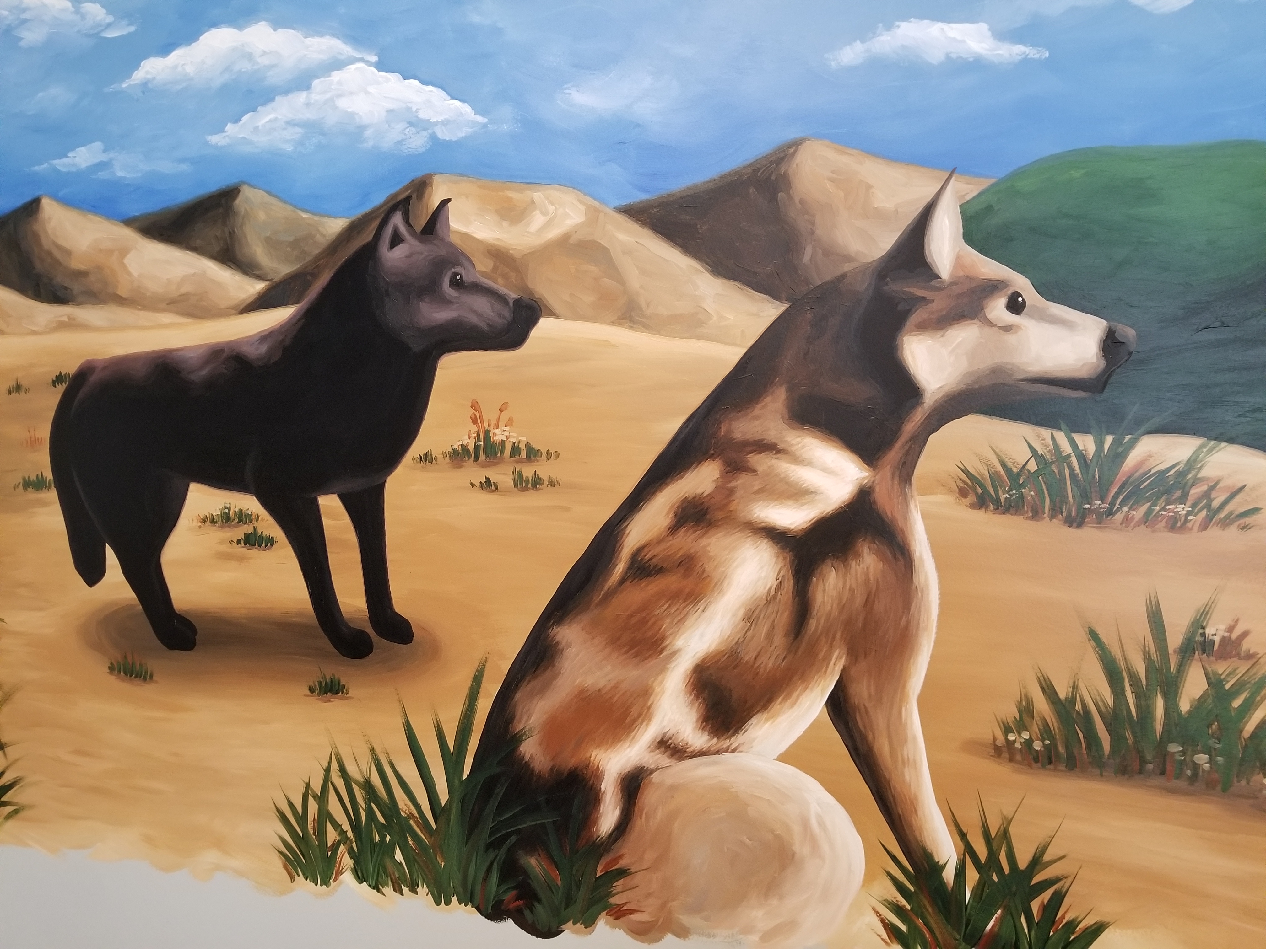 A closeup on the previous mural showing just the two wolves. The black wolf is standing while looking out to the right, while the brown and white wolf is sitting. Both are surrounded by small plants and flowers poking through the sand.